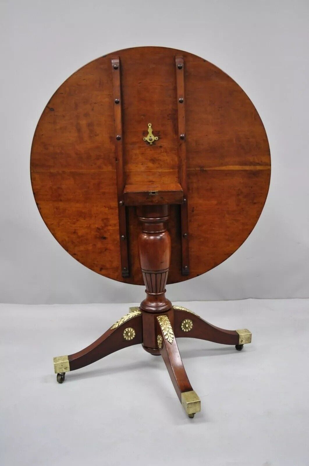 19th C. French Empire Style Round Mahogany Bronze Mount Tilt Top Center Table