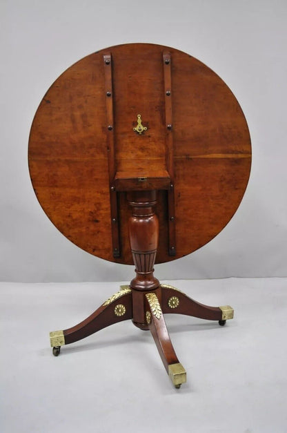 19th C. French Empire Style Round Mahogany Bronze Mount Tilt Top Center Table