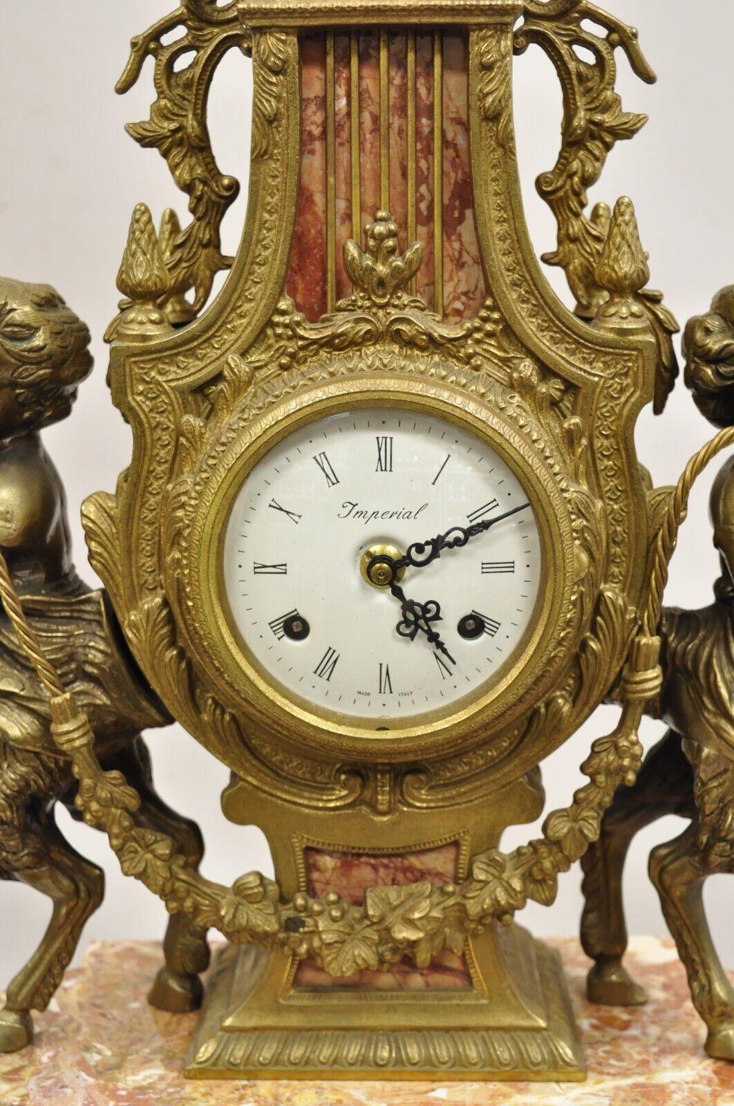 Vintage French Louis XV Style Brevetatto Italy Brass Marble Figural Cherub Clock