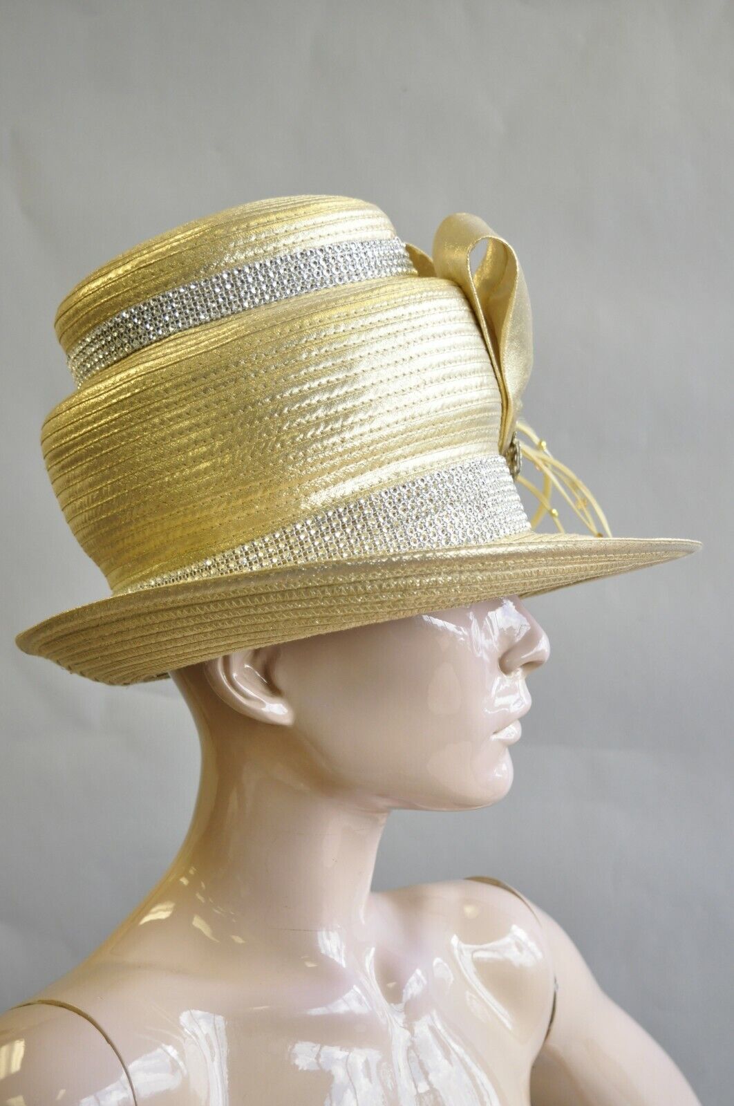 Vintage Whittall & Shon Metallic Gold Rhinestones 3 Tier Church Derby Crown Hat