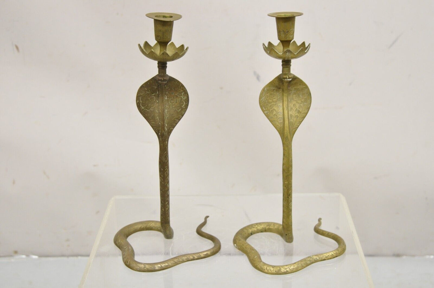 Vintage Brass Figural Hollywood Regency Coiled Cobra Snake Candlesticks - a Pair