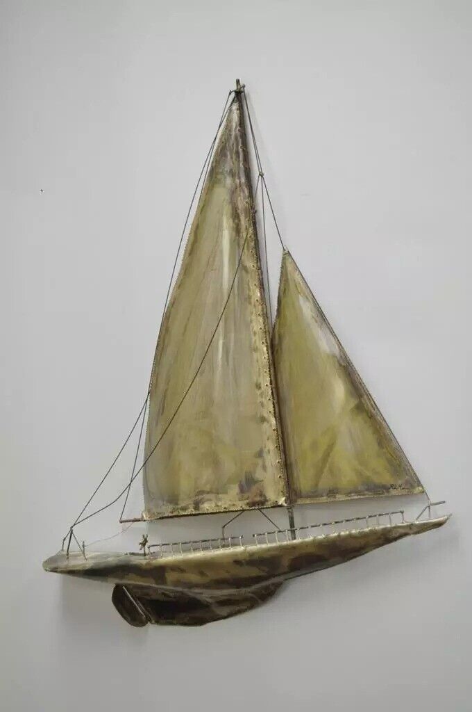 RaMan Brutalist Mid Century Modern Jere Style Brass Clipper Ship Wall Sculpture