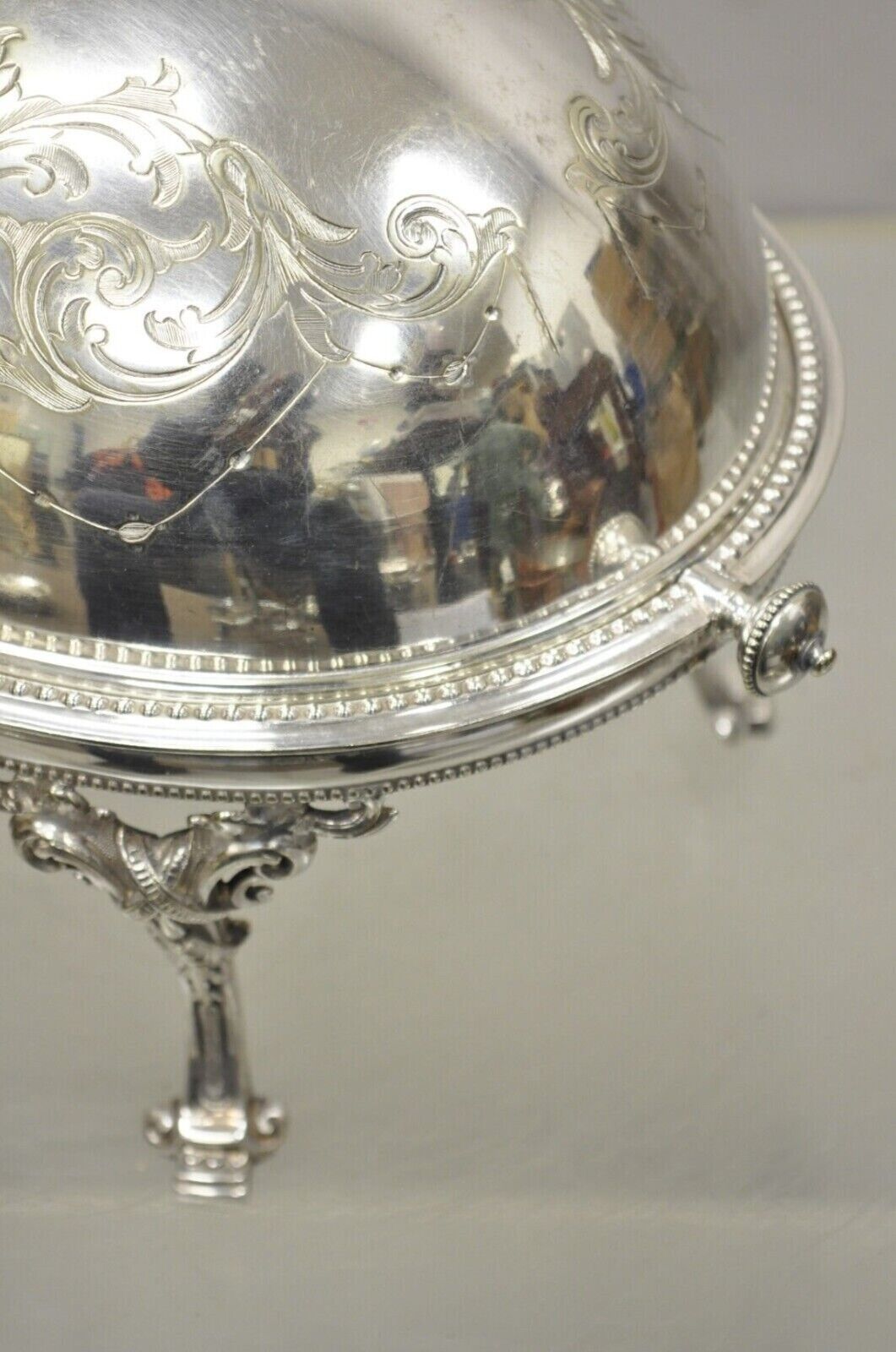 Antique Edwardian Silver Plated Revolving Dome Oval Chafing Dish Food Warmer