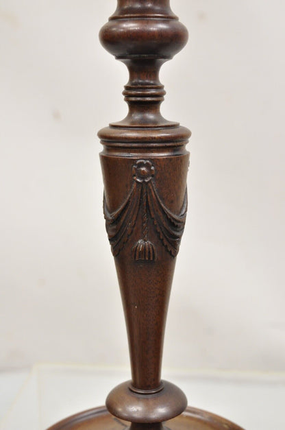 Antique English Edwardian Carved Mahogany Draped Single Candle Stick - Pair