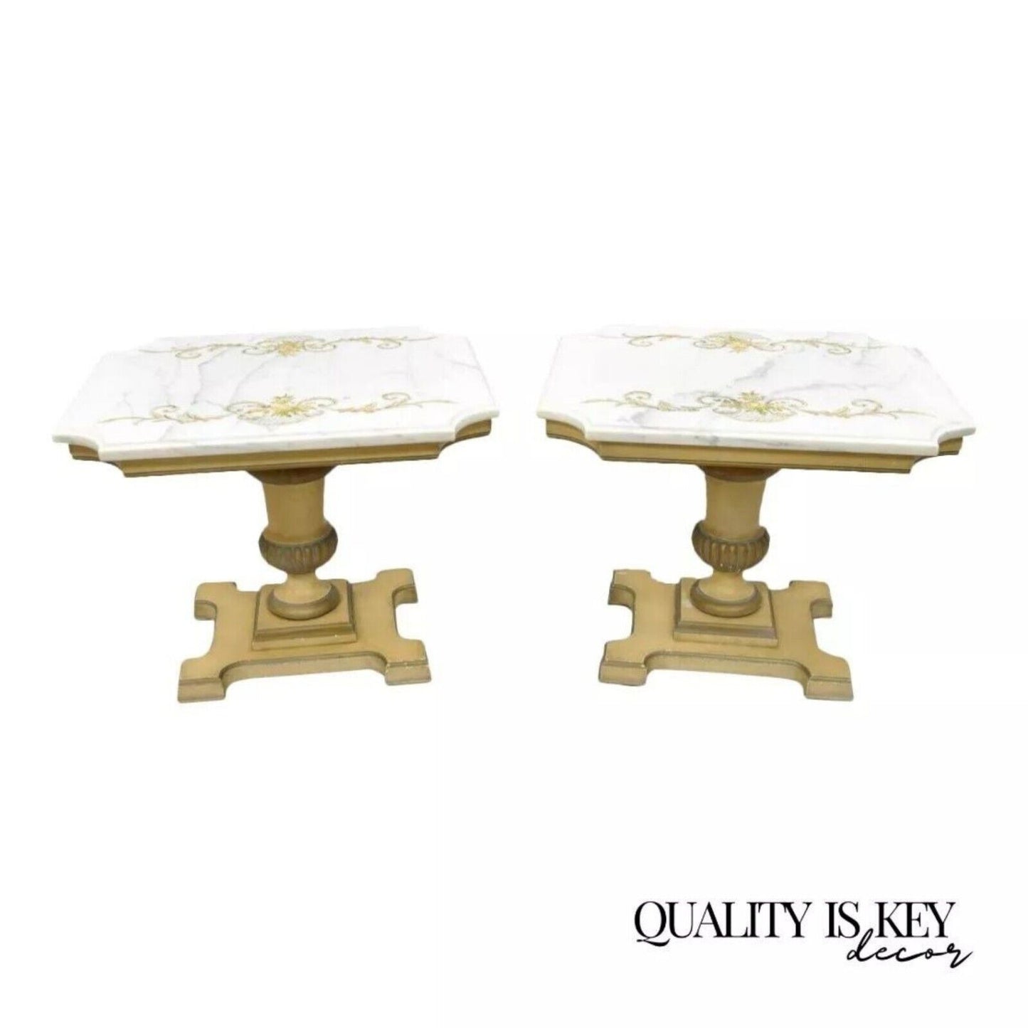 Vintage French Provincial Style Marble Top Wood Urn Base Side Tables - a Pair