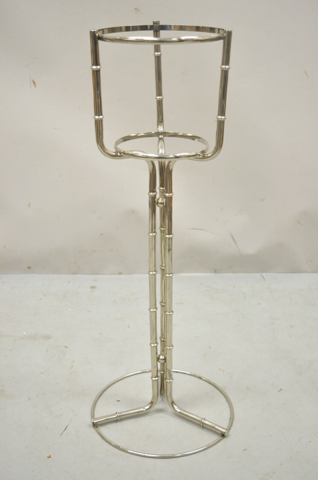 Vintage Hollywood Regency Chrome Faux Bamboo Champagne Bucket Ice Chiller Stand