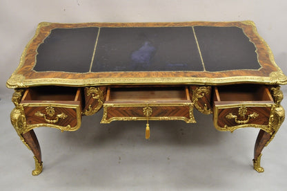 French Louis XV Style Figural Bronze Ormolu Leather Top Bureau Plat Writing Desk