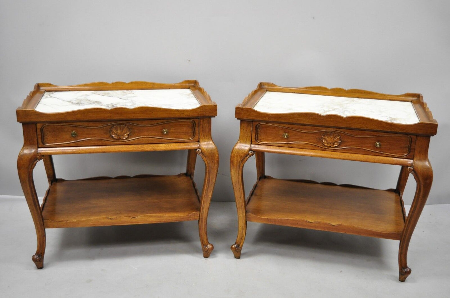 French Country Provincial Style Marble Top Shell Carved Danby End Tables - Pair