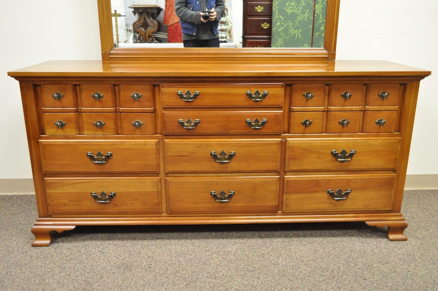 Vintage Monitor American Emblem Colonial Cherry Wood Long Dresser Chest & Mirror