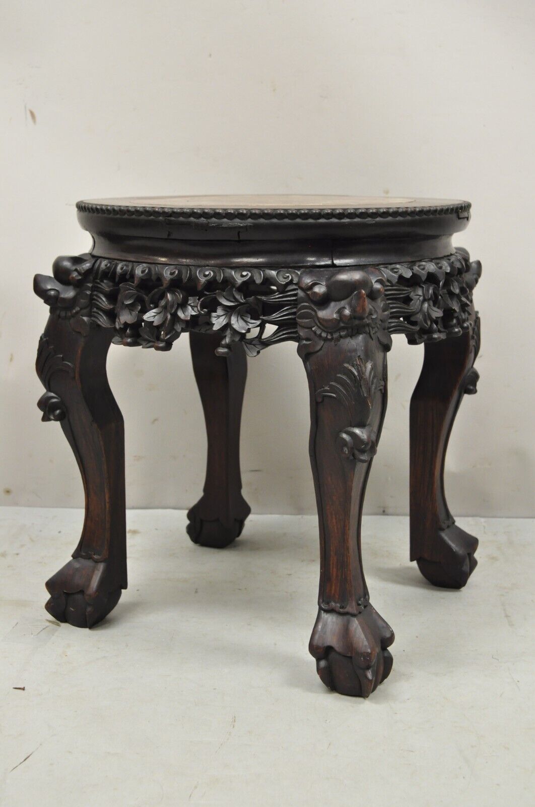 Antique Chinese Carved Hardwood Foo Dog Marble Top 18" Plant Stand Side Table