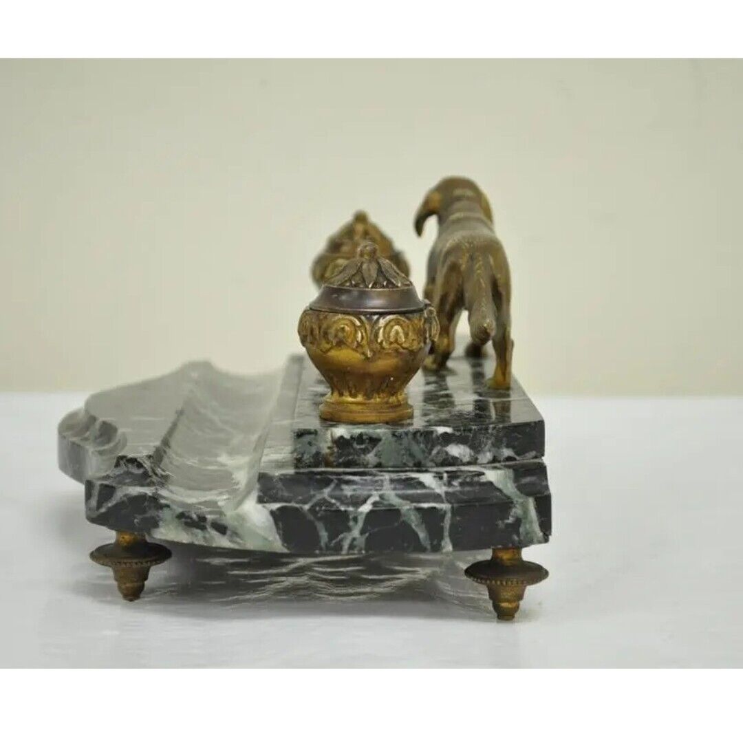 Antique French Empire Figural Bronze & Marble Hunting Dog Desk Double Inkwell