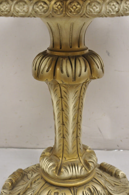 Vintage Hollywood Regency White Gold Plume Carved Pedestal Marble Top Side Table