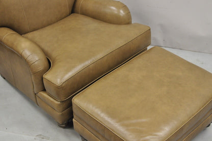 Ethan Allen Oxford Leather Brown Recliner Club Lounge Chair and Ottoman - 2 Pcs