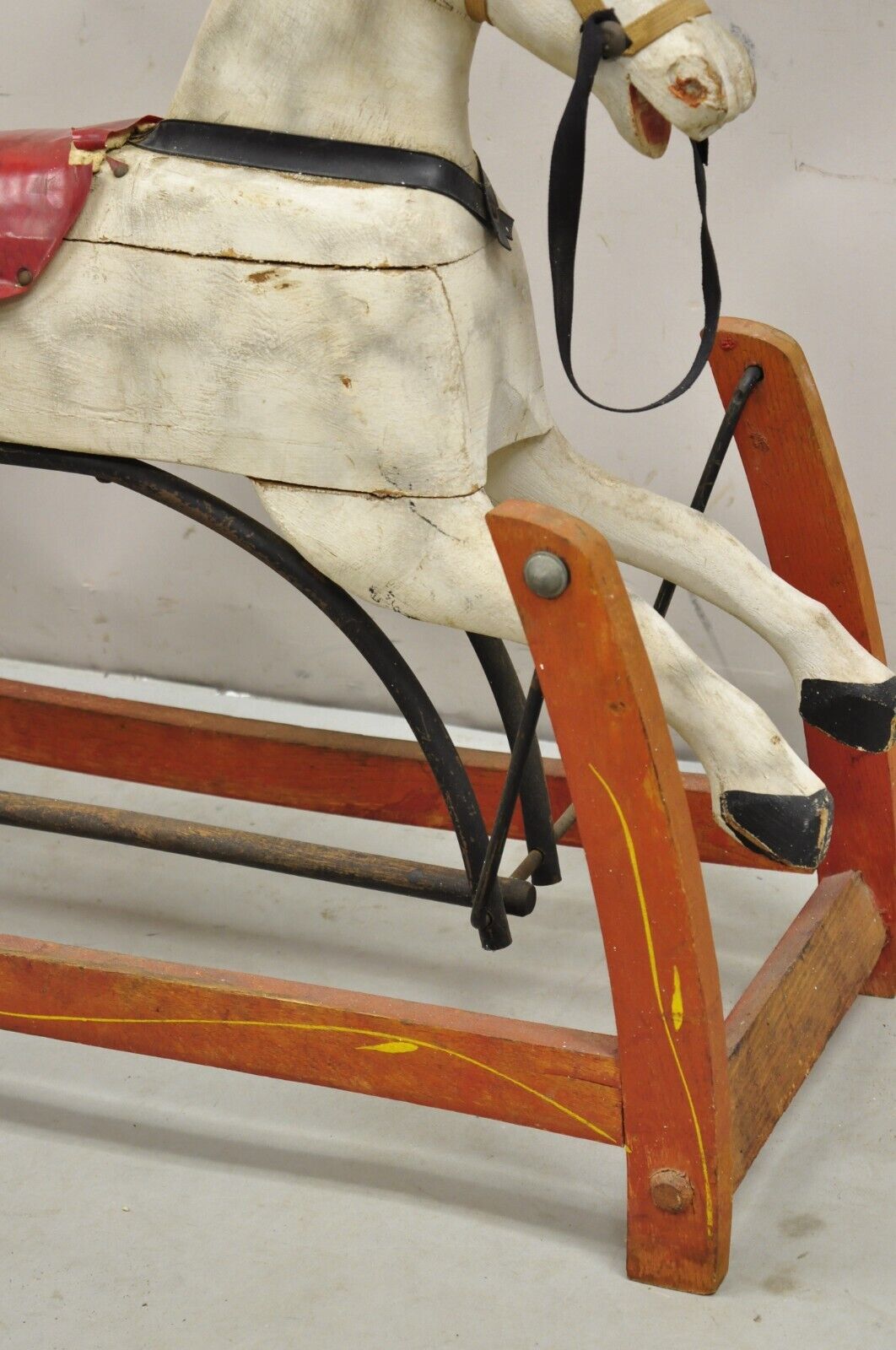 Antique Victorian Rocking Horse Glider Childs Toy Carved Wood White Red Painted