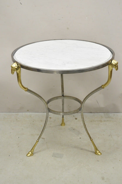 Italian Neoclassical Style Brass Rams Head Steel Metal Round Marble Side Table