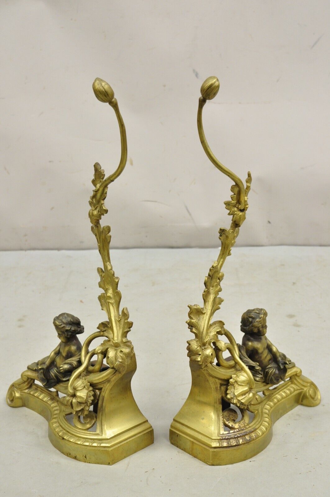 Antique French Louis XV Rococo Style Bronze Cherub Acanthus Leaf Andirons - Pair