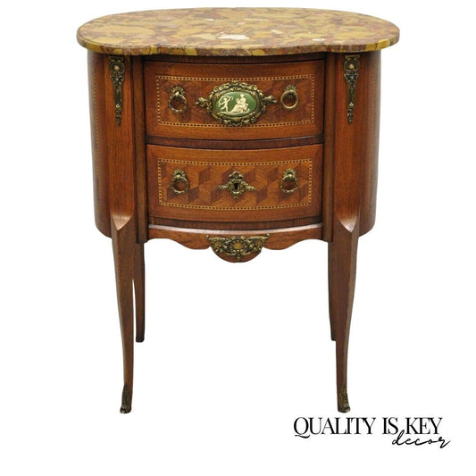 French Louis XV Style Rouge Marble Top Bombe Commode Nightstand Side Table