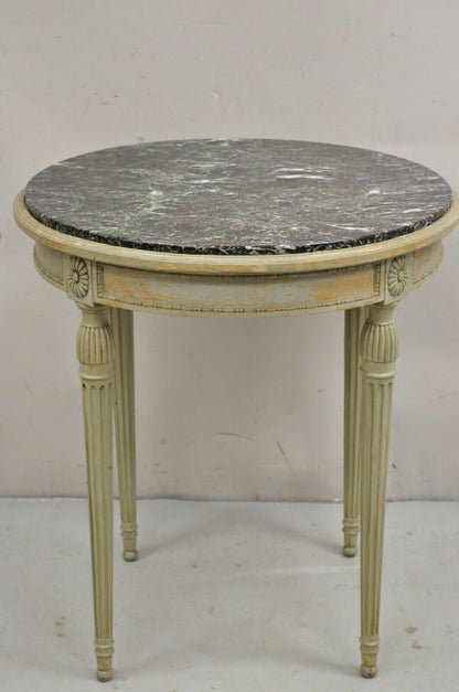 Antique French Louis XVI Style Green Distress Paint Round Marble Top Side Table