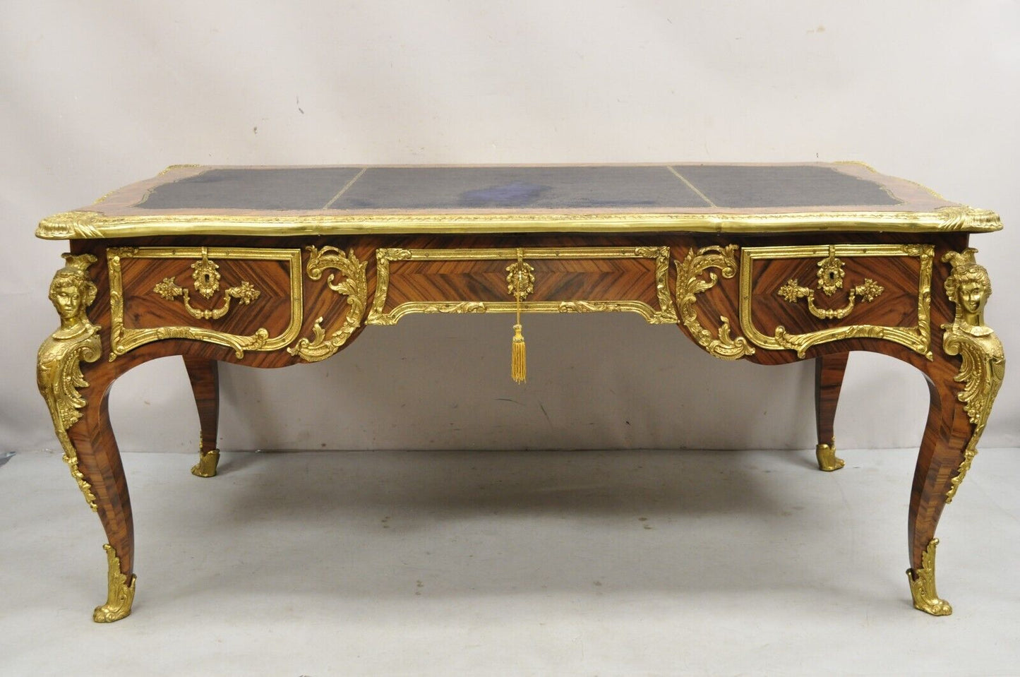 French Louis XV Style Figural Bronze Ormolu Leather Top Bureau Plat Writing Desk