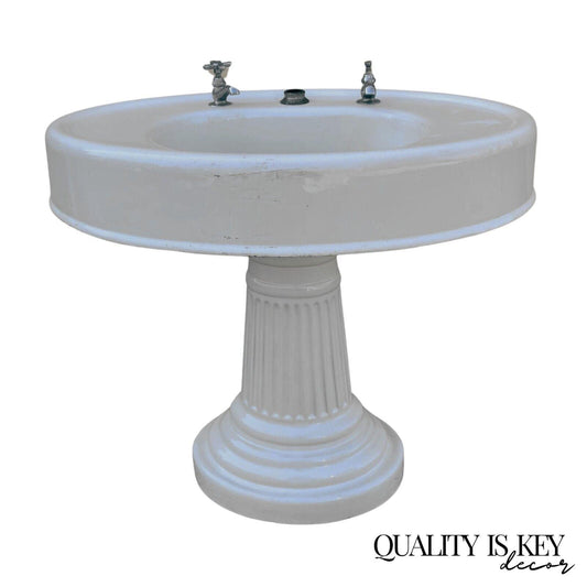 Antique Victorian White Cast Iron Porcelain Enamel Pedestal Bathroom Sink