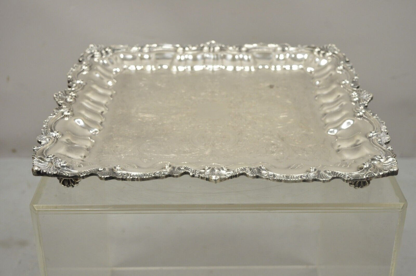 Chippendale by Wallace X 120 Silver Plate 16" Square Shell Platter Tray on Feet