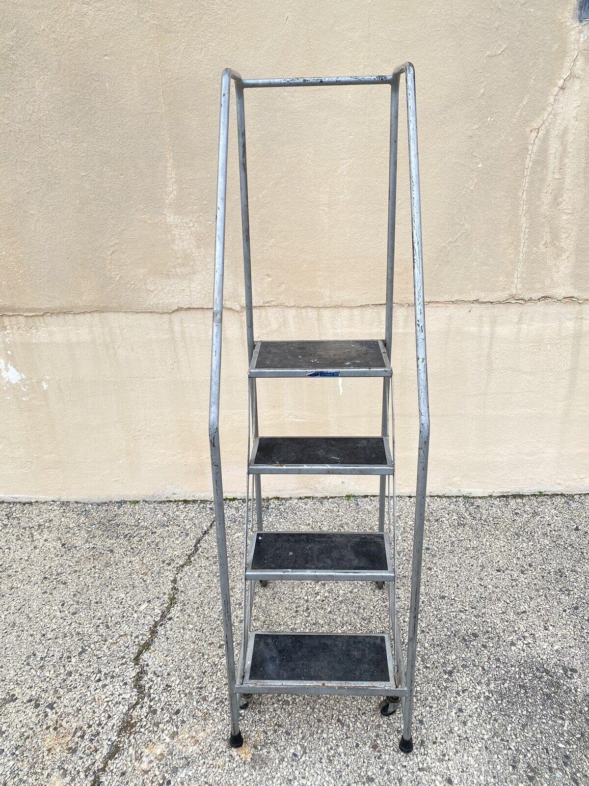 Vintage Ballymore Warehouse Garage 4 Step Metal Rolling Safety Ladder w/ Rails