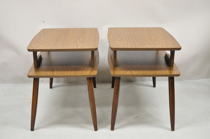 Mid Century Modern Walnut and Laminate Top 2 Tier Step Up End Tables - a Pair