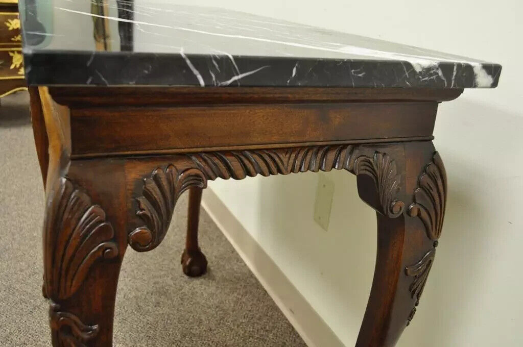 Vintage Mahogany Chippendale Style Ball and Claw Marble Top Console Hall Table