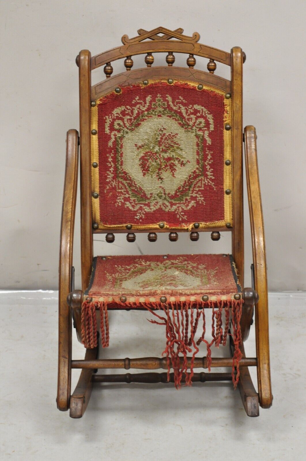 Antique Eastlake Victorian Walnut Small Child's Folding Rocker Rocking Chair