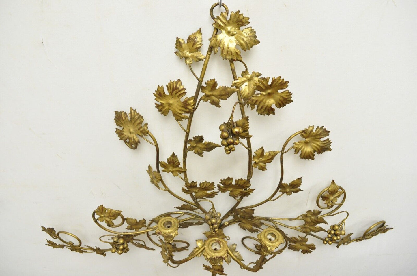 Vintage Italian Hollywood Regency Gold Iron Tole Leafy 3 Candelabra Wall Sconce