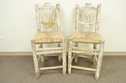 Hickory Style Rustic Log Cabin Wood Woven Rush Seat Bar Stools Chairs - a Pair