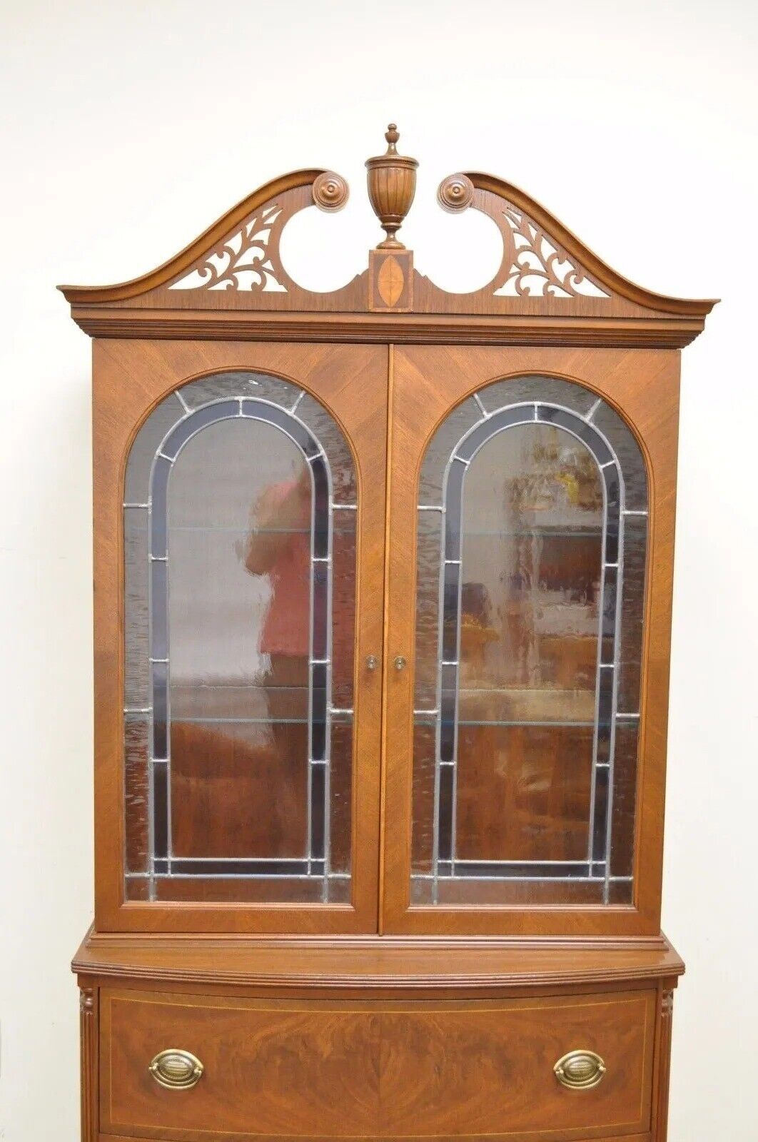 Antique Federal Style Mahogany China Display Cabinet with Stained Glass Doors