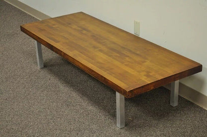 Vintage Industrial Modern Reclaimed Butcher Block Aluminum Base Coffee Table