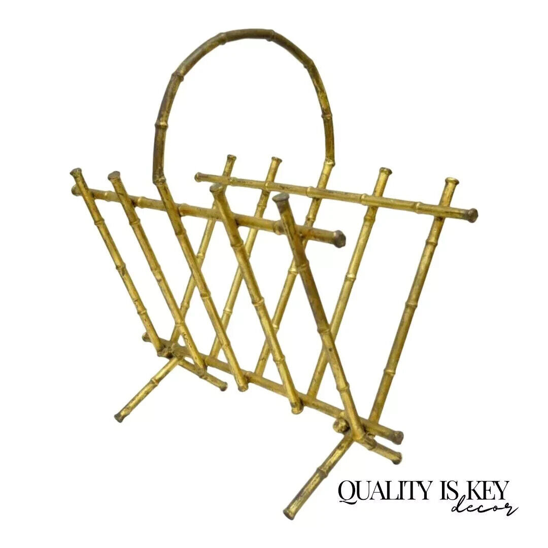 Vtg Italian Hollywood Regency Gold Gilt Faux Bamboo Tole Magazine Rack Holder