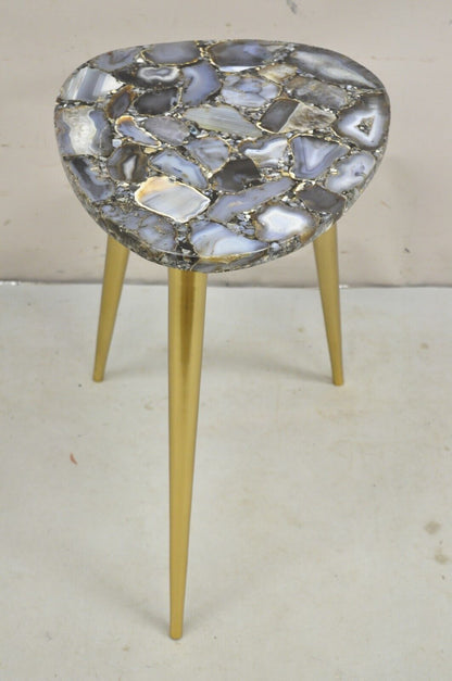 Modern Blue Agate Specimen Stone Side Table w/ Brass Tapered Legs Made in India