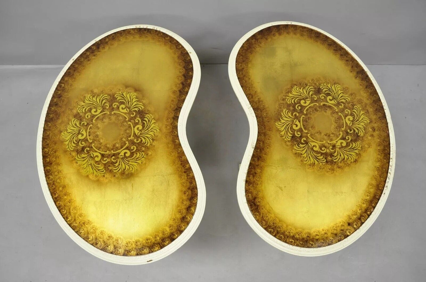 Vintage Hollywood Regency Gold Glass Kidney Shaped White Side Tables - a Pair