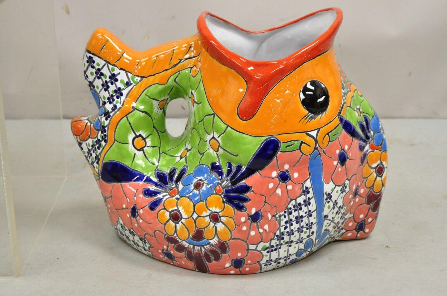 Vintage Mexican Talavera Blue Orange Hand Painted Pottery Fish Planters - a Pair