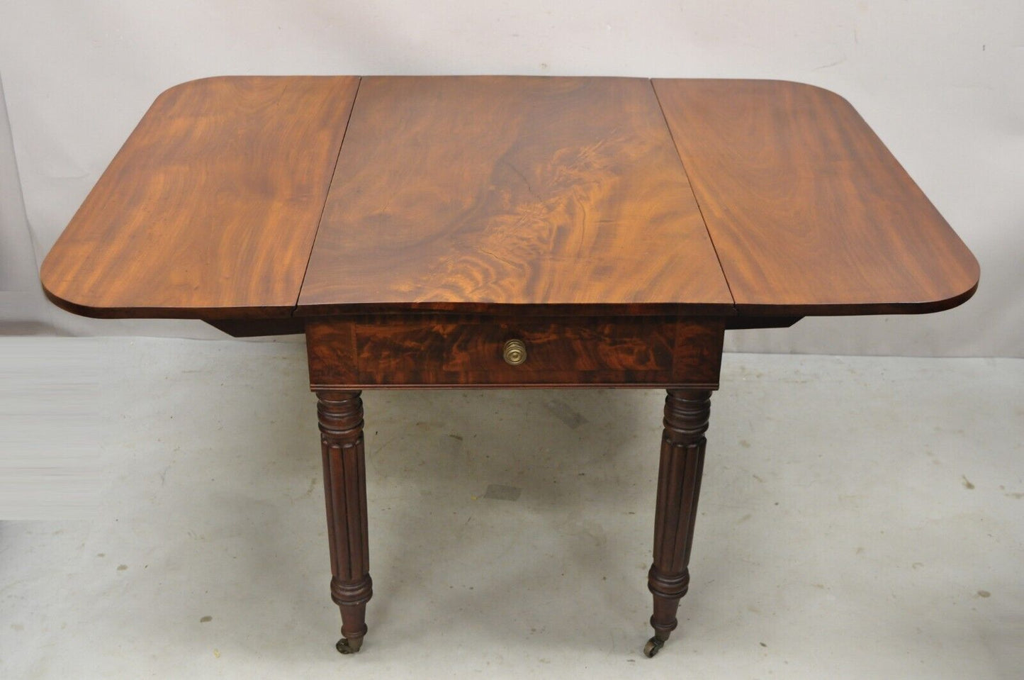 19th C Crotch Mahogany Federal Drop Leaf Breakfast Dining Table w/ Drawer