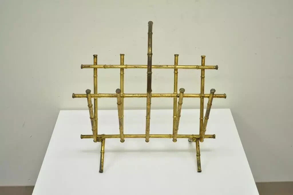 Vtg Italian Hollywood Regency Gold Gilt Faux Bamboo Tole Magazine Rack Holder