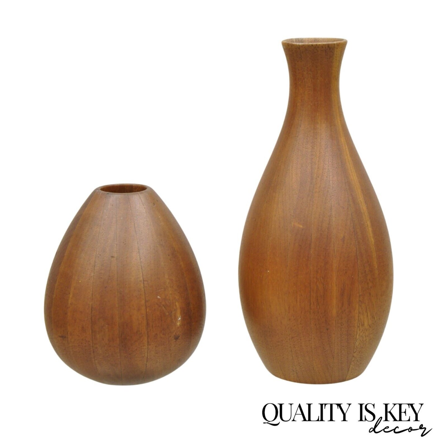 Mid Century Danish Modern Bulbous Sculpted Teak Wood Flower Bud Vase - 2 Pcs