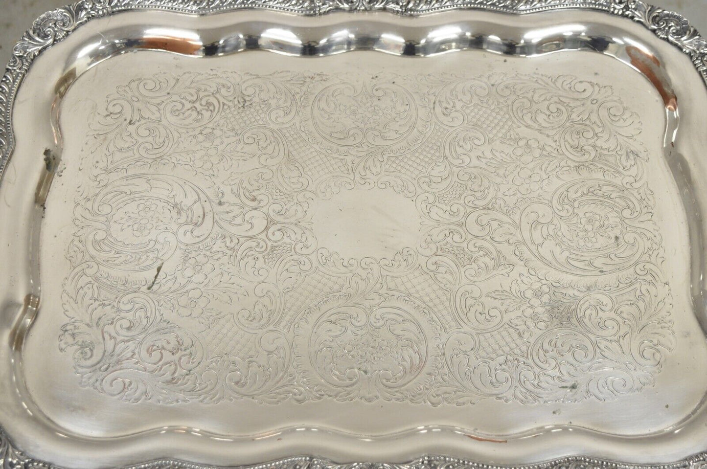 Antique English Victorian Large Silver Plated Scalloped Serving Platter Tray