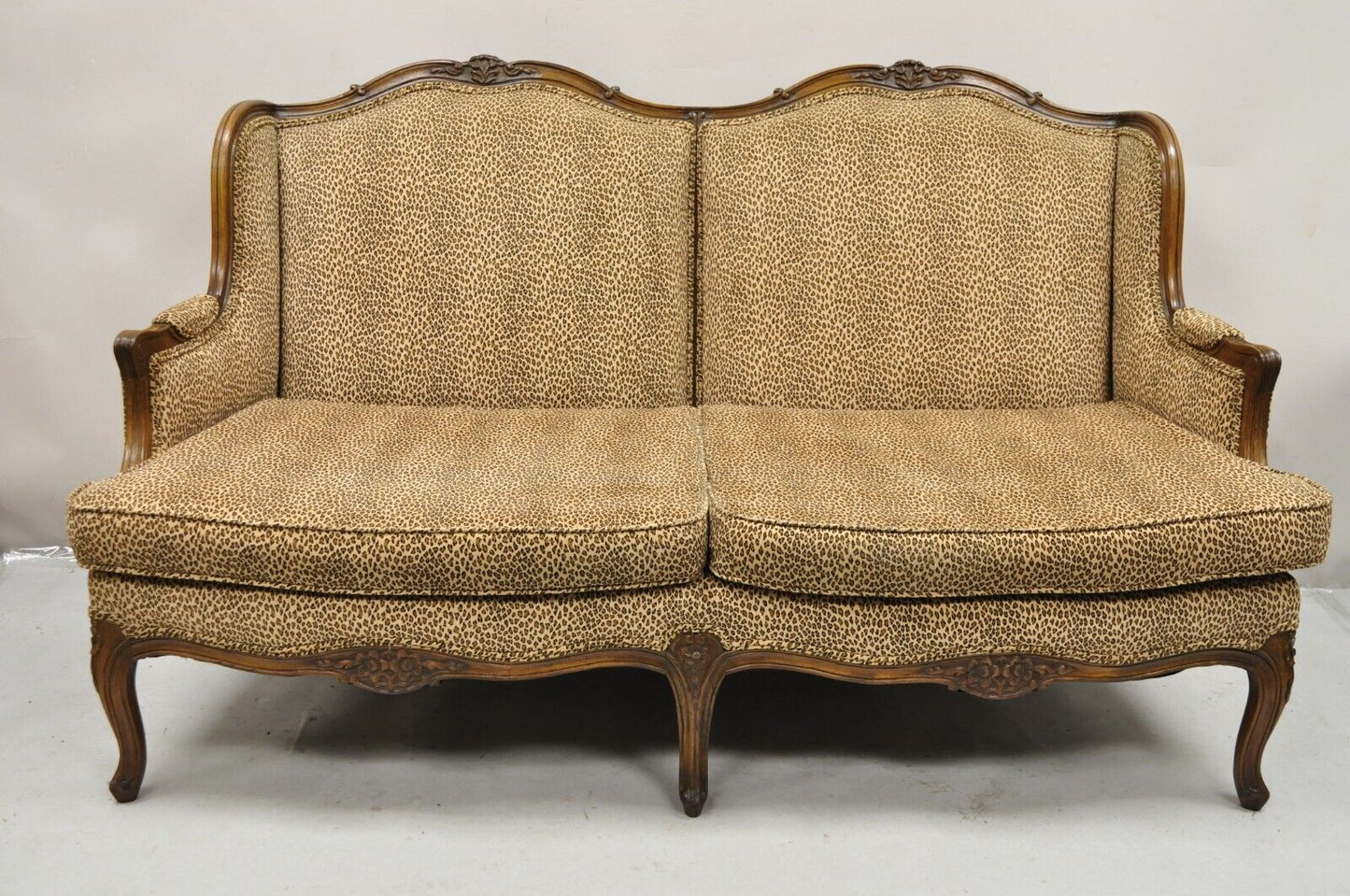 Vintage French Country Louis XV Style Carved Walnut Wingback Sofa Settee