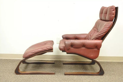 Rybo Rykken Mid Century Modern Rosewood Leather Kengu Lounge Chair and Ottoman