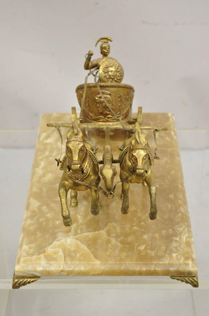 Vintage Gold Gilt Metal Roman Horse Drawn Chariot Sculpture on Marble Base