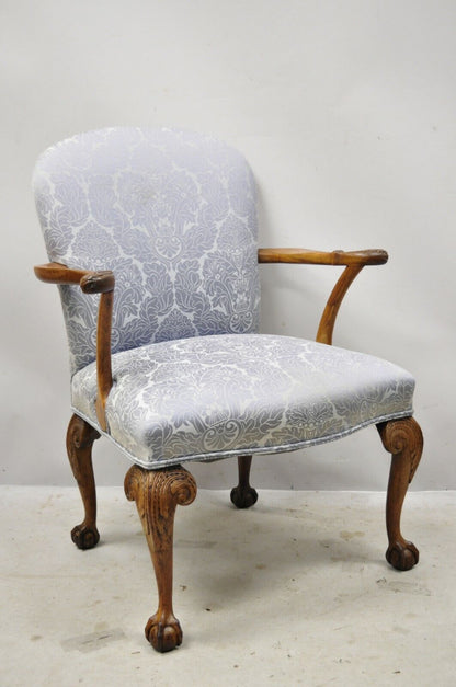 Chippendale Georgian Style Ball & Claw Carved Mahogany Blue Upholstery Arm Chair