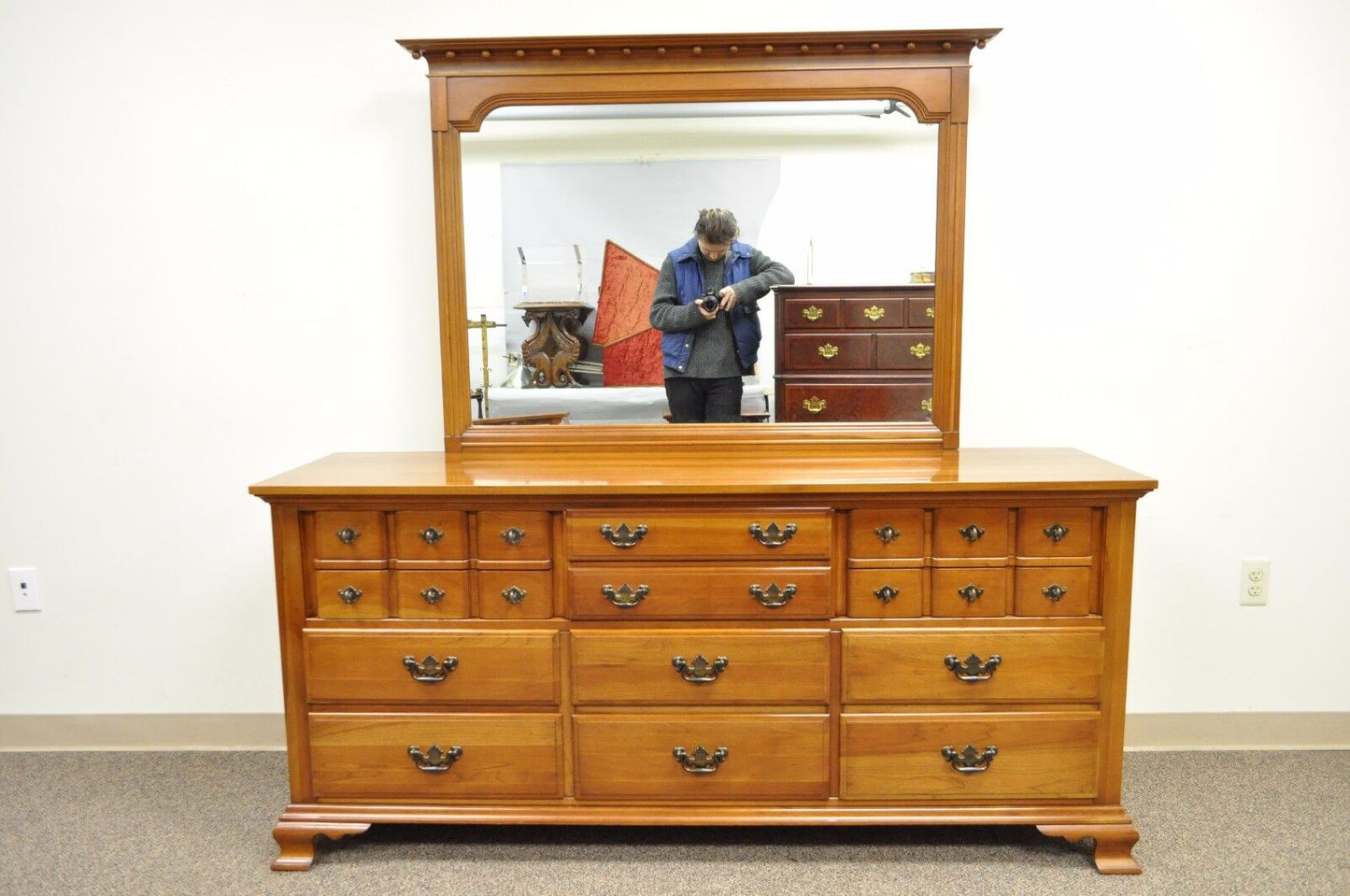 Vintage Monitor American Emblem Colonial Cherry Wood Long Dresser Chest & Mirror