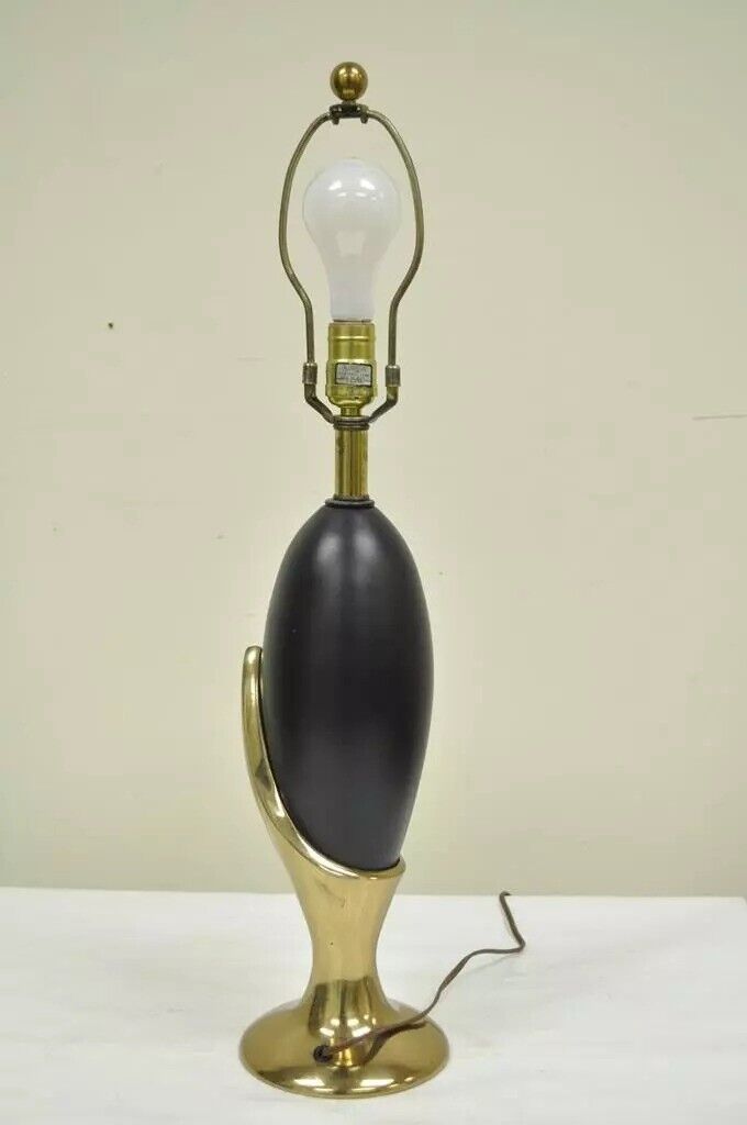 Vintage Mid Century Modern Art Deco Brass Black Metal Egg Nouveau Table Lamp