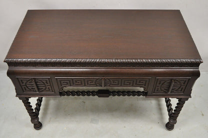 Antique Jacobean William and Mary Greek Key Carved Mahogany 3 Drawer Desk