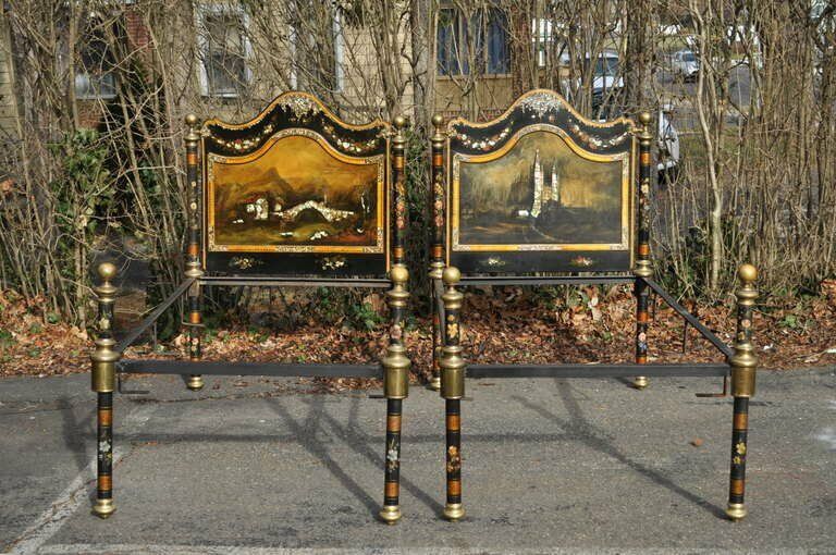 English Victorian Papier Mache Mother of Pearl Inlay Twin Bed Frames - a Pair