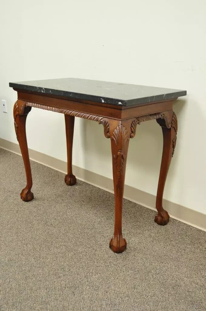 Vintage Carved Mahogany Chippendale Style Ball and Claw Marble Top Console Table